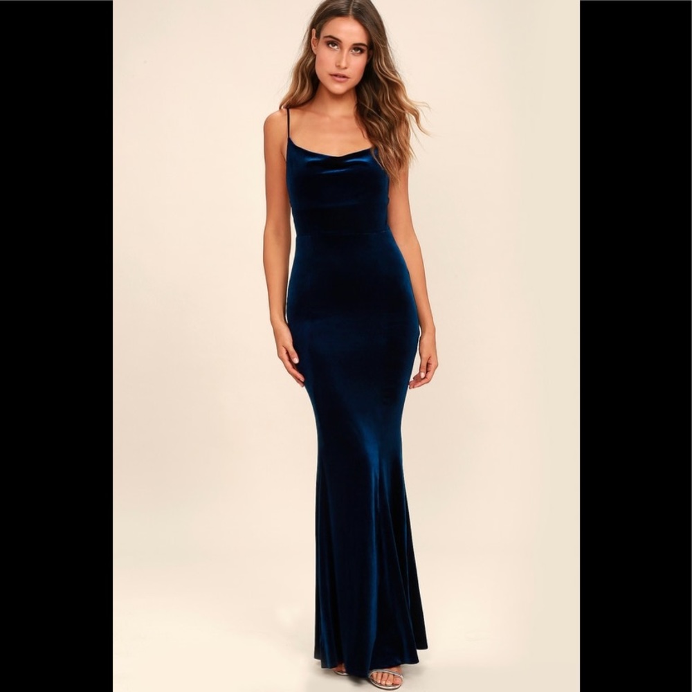 Lulus Navy Blue Velvet Mermaid Maxi Dress Gown